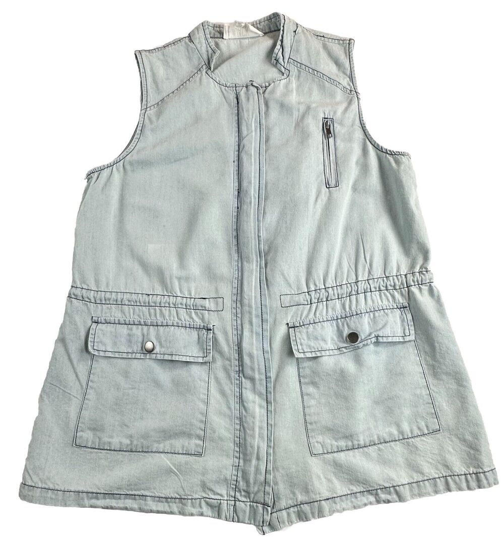 Jack Women's Blue Chambray Top Vest Cardigan Sleeveless Zipper Pockets Small